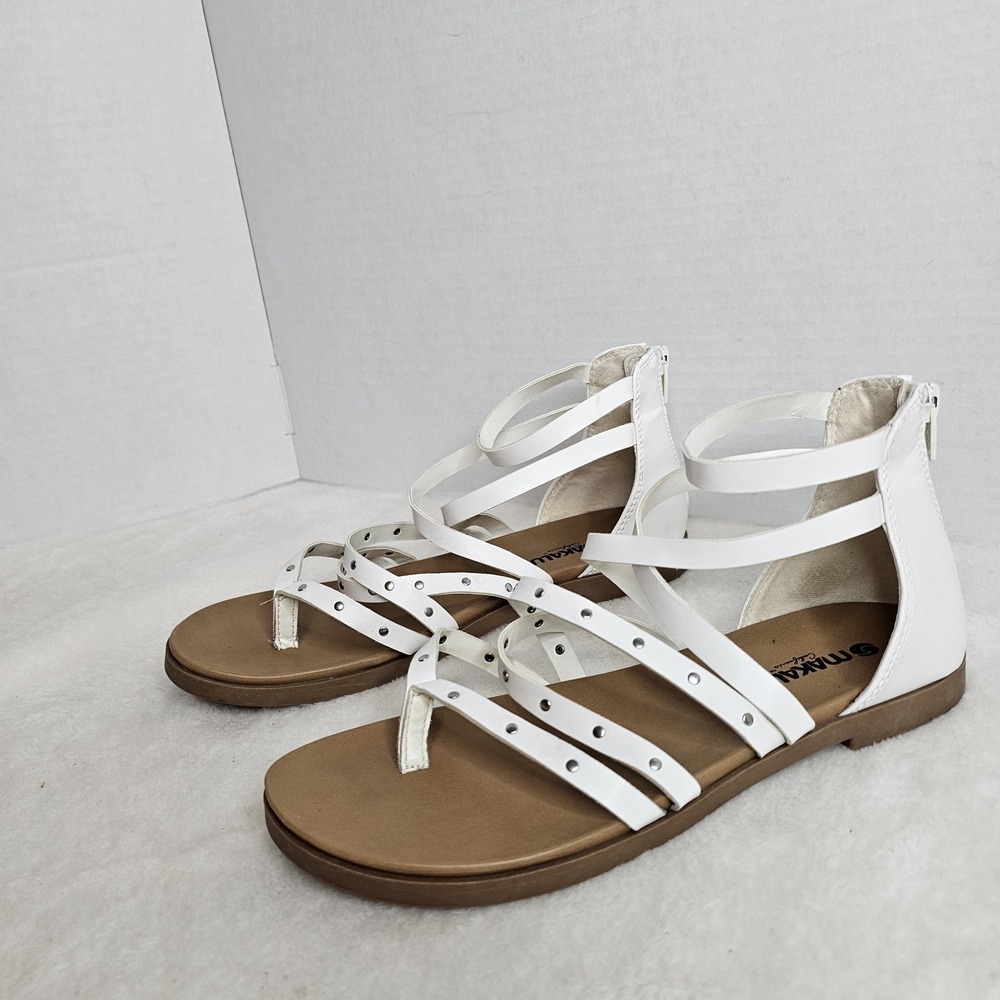 Makalu White Synthetic Strappy Studded Flat Sandals Women's US 7.5 Zip Closure